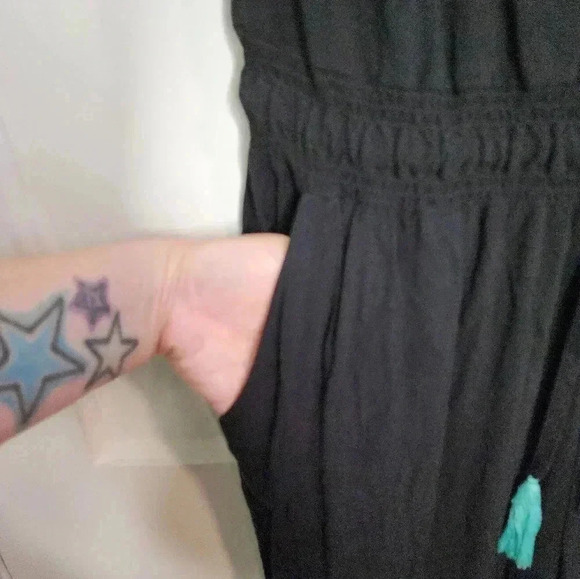 Soft Surroundings Baja Jumpsuit Black Turquoise Embroidery Tassel Size Small - Picture 5 of 6
